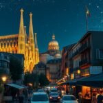 Barcelona este a La Sagrada Familia fényei alatt