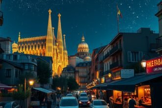 Barcelona este a La Sagrada Familia fényei alatt