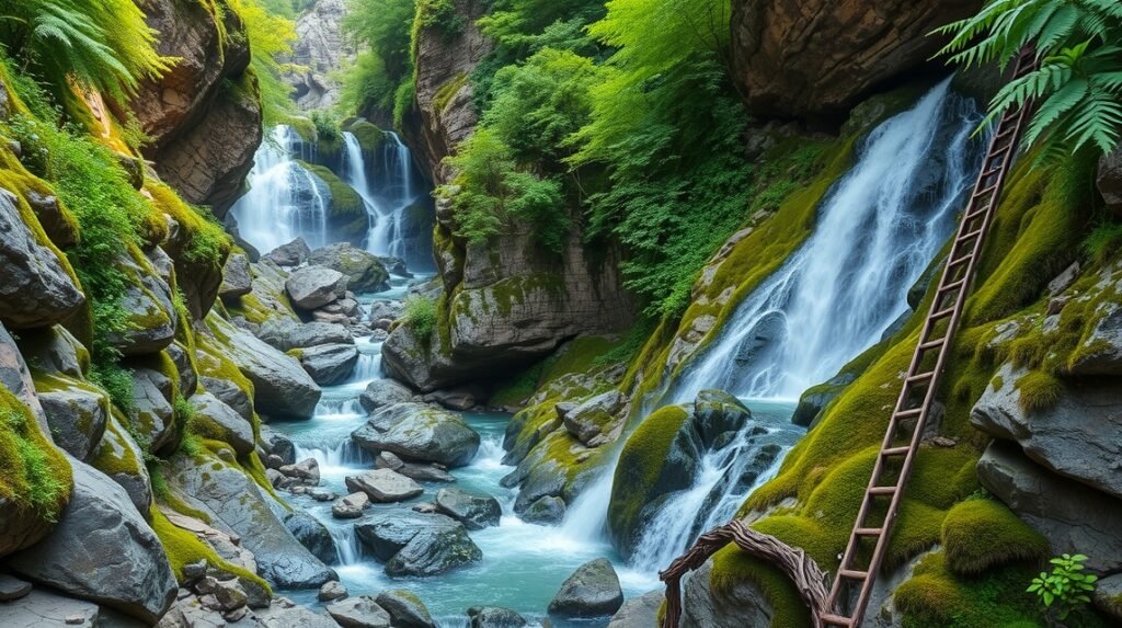 Suchá Belá szurdok létrái és vízesései a Szlovák Paradicsomban
