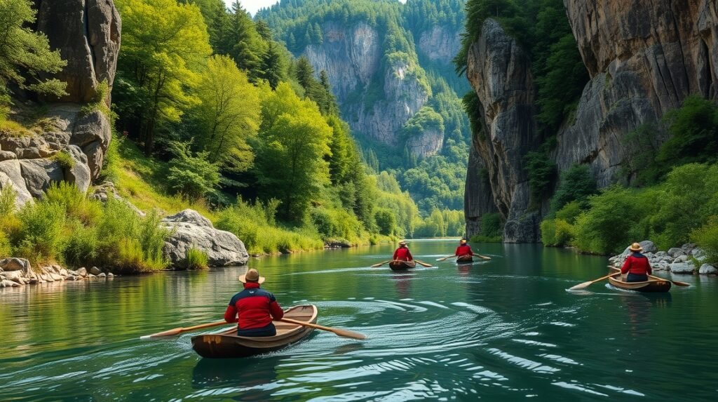 Túrázók tutajozás közben a Dunajec folyón a Pieninek kanyonban