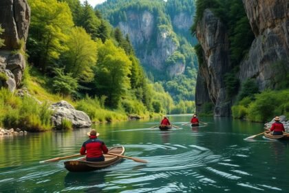 Túrázók tutajozás közben a Dunajec folyón a Pieninek kanyonban