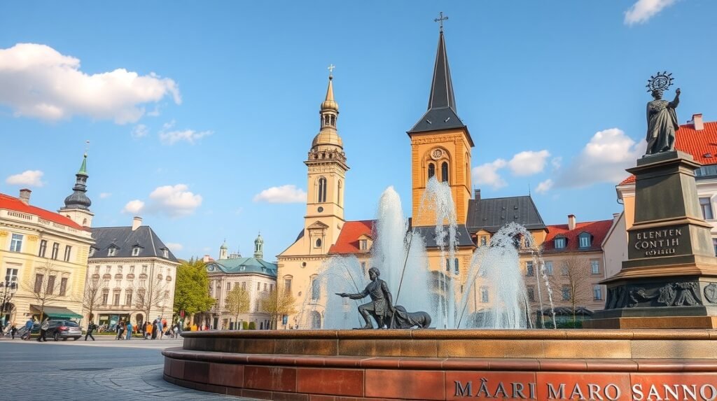 Kassa főtere, zenélő szökőkút és gótikus dóm torony