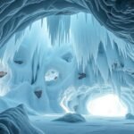 A lenyűgöző Dobsinai-jégbarlang jégcsapokkal és kék fényekkel.