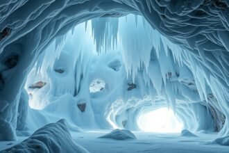 A lenyűgöző Dobsinai-jégbarlang jégcsapokkal és kék fényekkel.