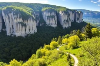 Látkép a Szádelői-völgy monumentális sziklafalairól és zöld dombjairól.