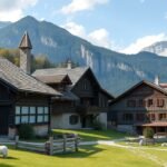 Vlkolinec UNESCO hegyi falujának képe, parasztházak a természet lágy ölén.