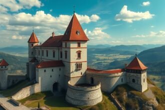 Trencsén vára látképe a Vág-völgy felett, középkori csodás építmény