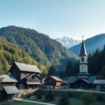 Úrvölgy bányászfalu tája, gyönyörű hegyekkel és fás területekkel.