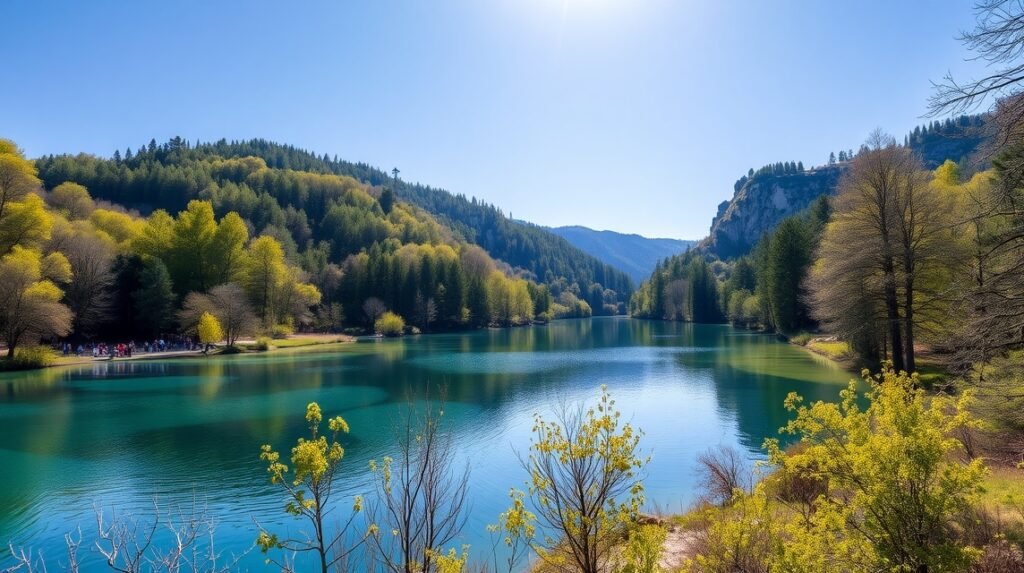 Gyönyörű táj a Plitvicei-tavaknál, kristálytiszta víz és zöld fák alatt.