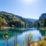 Gyönyörű táj a Plitvicei-tavaknál, kristálytiszta víz és zöld fák alatt.