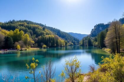 Gyönyörű táj a Plitvicei-tavaknál, kristálytiszta víz és zöld fák alatt.