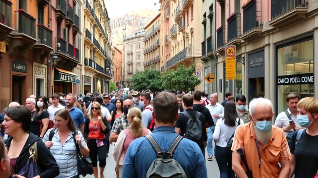 Zsúfolt utca Barcelonában turistákkal, figyelmet kell fordítani a zsebtolvajokra.