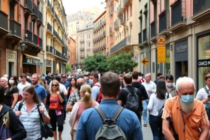 Zsúfolt utca Barcelonában turistákkal, figyelmet kell fordítani a zsebtolvajokra.