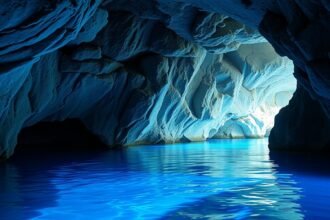 A Biševo Kék Barlang neonkék fényt adó víz alatti látványa.