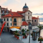 Rovinj macskaköves utcái és a Szent Eufémia-templom a tengernél