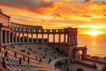 Római amfiteátrum naplementében, Pula tengerpartján