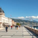 Séta a Lungomare sétányon Abbáziában, tengerparti panorámával.