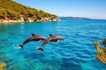 Delfinek ugrálnak a kristálytiszta vízben Lošinjnál