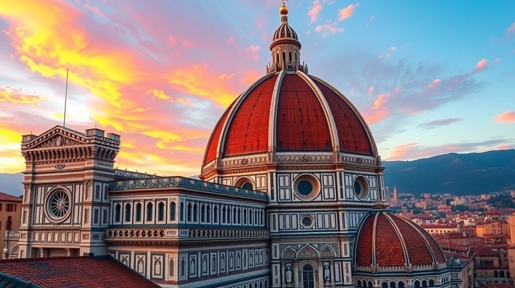 A Santa Maria del Fiore dóm kupolája Firenze városában naplementében.