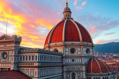 A Santa Maria del Fiore dóm kupolája Firenze városában naplementében.