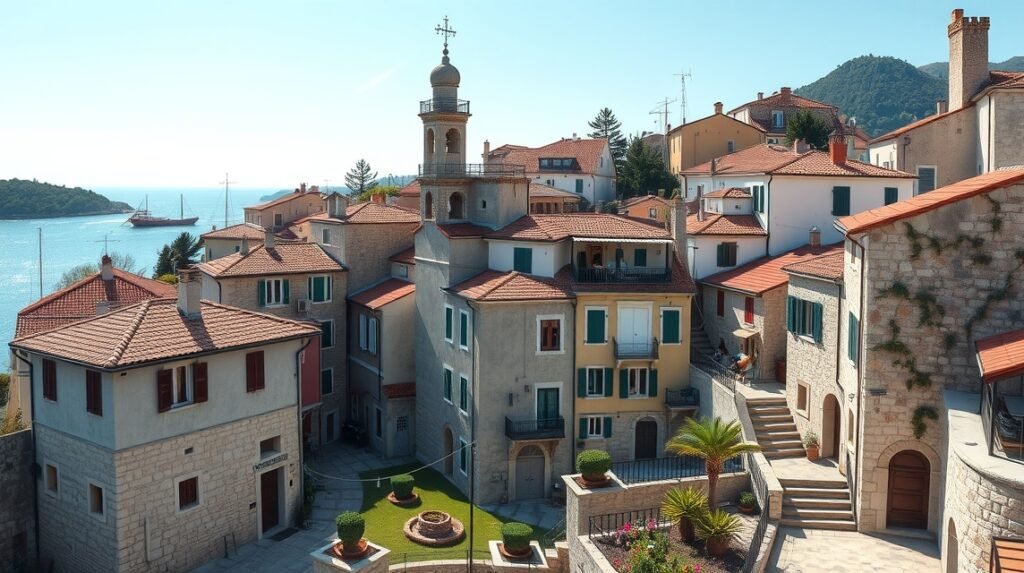 A gyönyörű városka Hum látképe, horvátországi tengerparton.