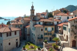 A gyönyörű városka Hum látképe, horvátországi tengerparton.