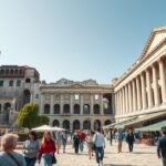 Látkép a Splitben található Diocletianus-palotáról, emberek az utcán.