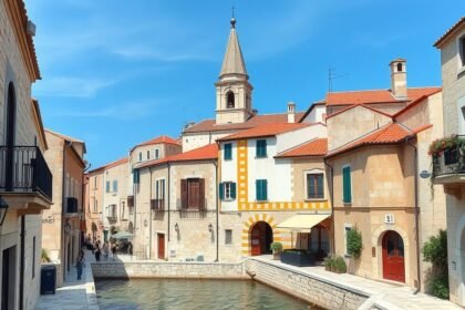 Trogir középkori utcáin fekvő épületek és harangtorony