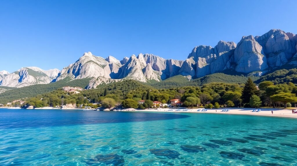 Makarska Riviéra strand és Biokovo hegycsúcsok háttérrel