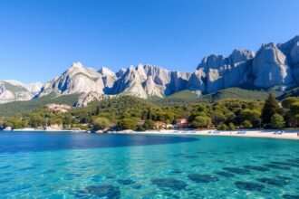 Makarska Riviéra strand és Biokovo hegycsúcsok háttérrel