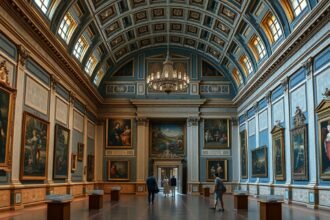 Az Uffizi Képtár belső tere, reneszánsz művek falakon.