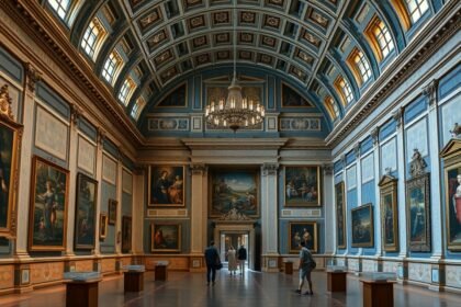 Az Uffizi Képtár belső tere, reneszánsz művek falakon.