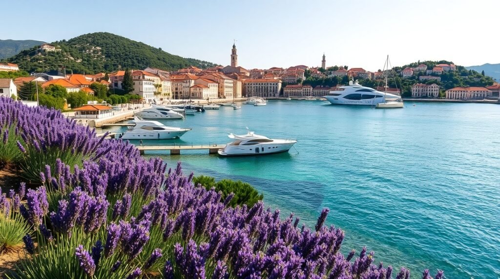 Hvar sziget levendulamezői és luxusjachtok a kikötőben.