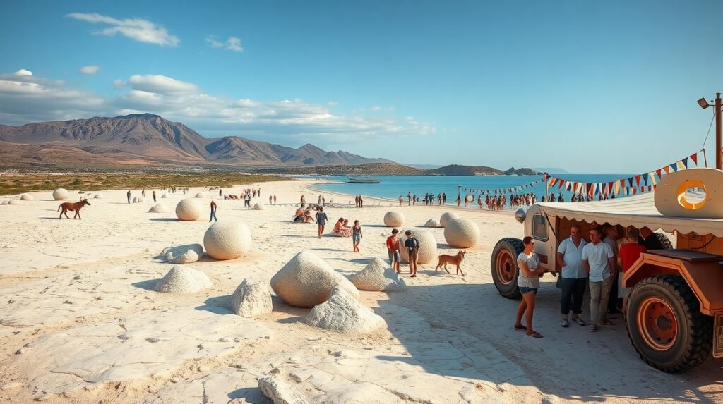 Pag sziget homokos tengerpartja emberekkel és szobrocskákkal