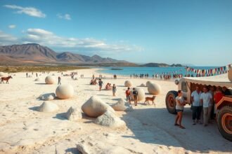 Pag sziget homokos tengerpartja emberekkel és szobrocskákkal