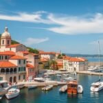 Korčula sziget látképe, történelmi épületek és hajók a kikötőben.