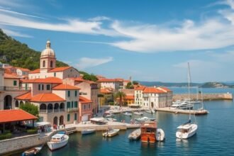 Korčula sziget látképe, történelmi épületek és hajók a kikötőben.