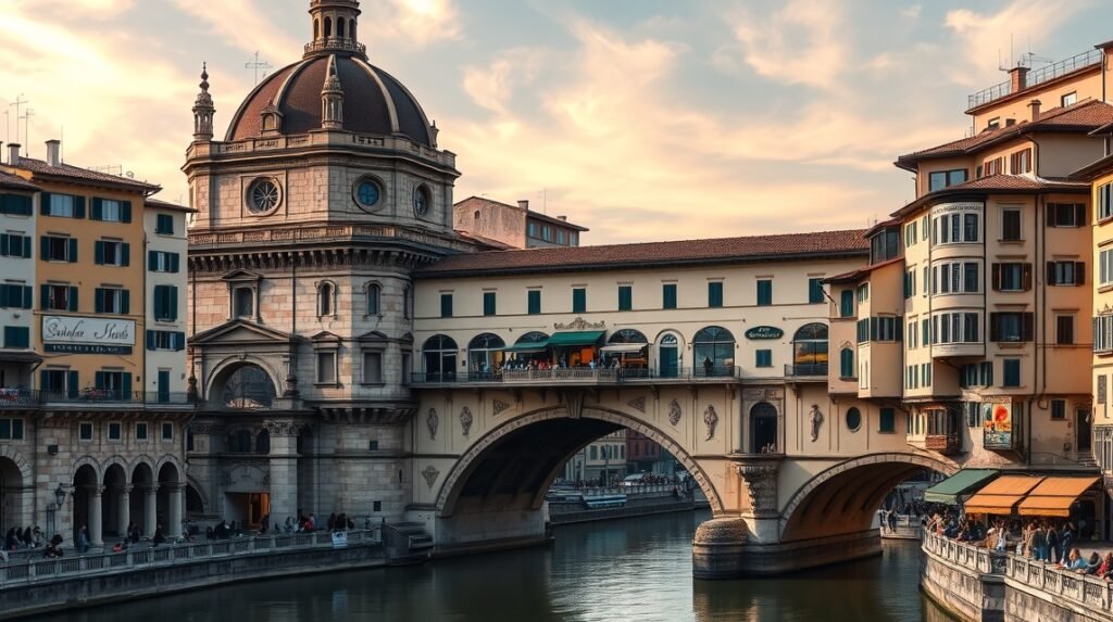 Ponte Vecchio híd Firenze városában, aranyműves boltívekkel