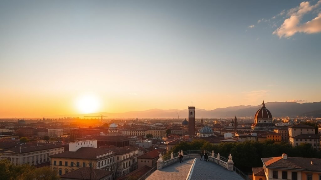 Firenze város panorámája naplementében a Piazzale Michelangelóról