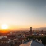Firenze város panorámája naplementében a Piazzale Michelangelóról