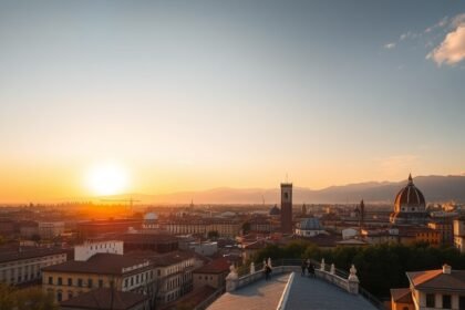 Firenze város panorámája naplementében a Piazzale Michelangelóról