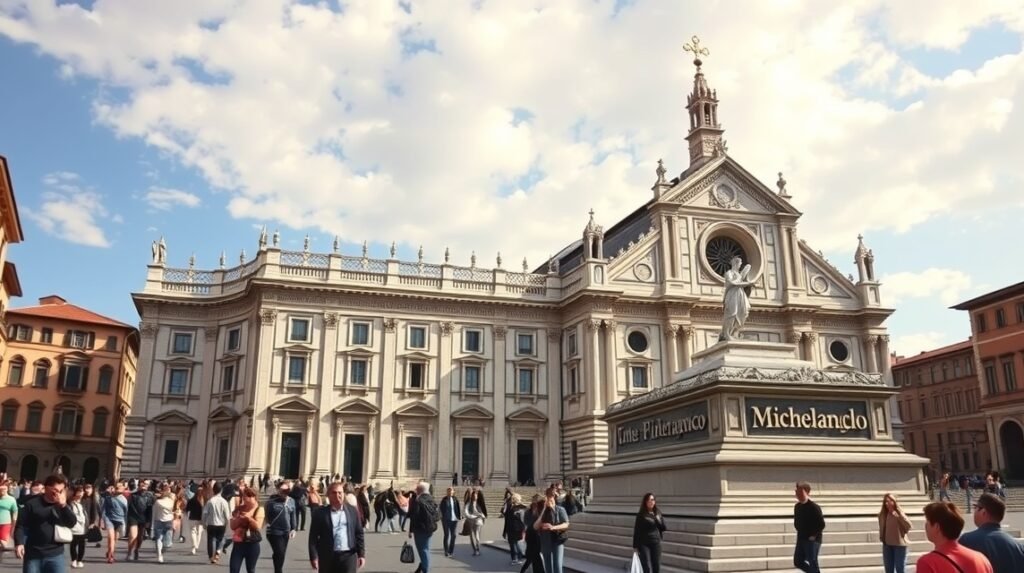 Santa Croce bazilika Firenze Michelangelo szobra előtt