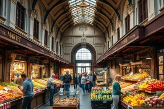 Pezsgő Mercato Centrale Firenze piaca, tele friss zöldségekkel és gyümölcsökkel.