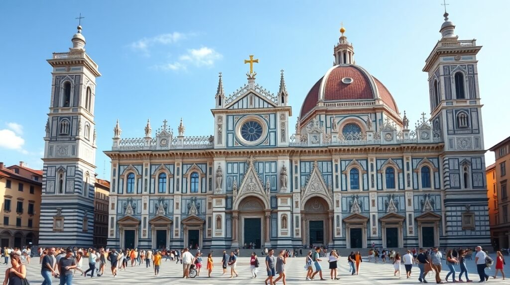 Santa Maria Novella templom gótikus-reneszánsz homlokzattal Firenze központjában.