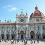 Santa Maria Novella templom gótikus-reneszánsz homlokzattal Firenze központjában.