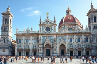 Santa Maria Novella templom gótikus-reneszánsz homlokzattal Firenze központjában.