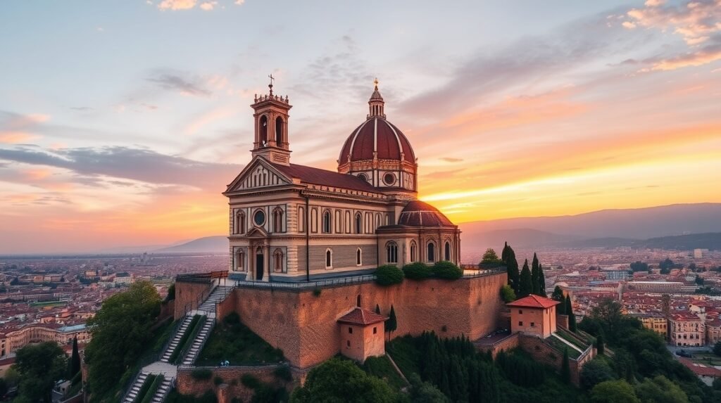 San Miniato al Monte templom Firenze dombtetőjén naplementében