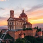 San Miniato al Monte templom Firenze dombtetőjén naplementében