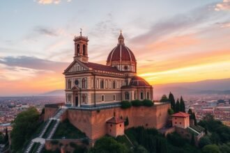 San Miniato al Monte templom Firenze dombtetőjén naplementében