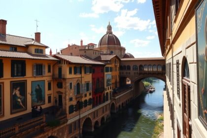 A Vasari-folyosó panorámája Firenzében, festményekkel díszített falakkal.